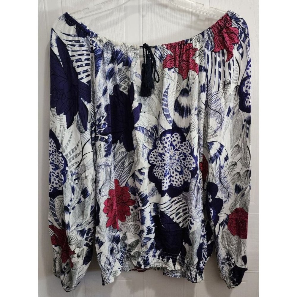 Desigual Women's Long Sleeve Keyhole Neck Shirt Blouse Elastic Hems Floral Sz S